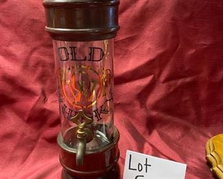 Lot 5025. $28.00  Vintage Retro Whiskey Glass Dispenser/Decanter "Old Whiskey" with Brass Tap. 5" Diameter  x 15" H.   Great Bar Display piece.