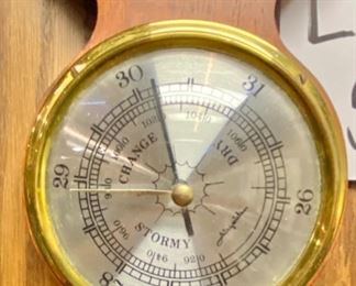 Lot 5028. $75.00  Vintage Airguide Quartz Clock (Battery-Operated), Barometer and Thermometer  25" H  x 7.5" W  wood frame. For Indoor Use Only. 