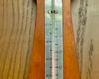 Lot 5028. $75.00  Vintage Airguide Quartz Clock (Battery-Operated), Barometer and Thermometer  25" H  x 7.5" W  wood frame. For Indoor Use Only. 