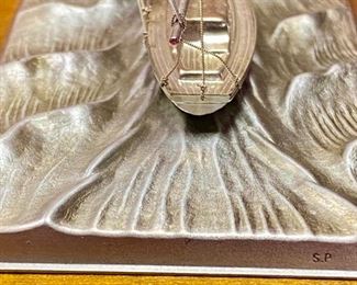 Lot 5027 $50.00 Silver-plated sailboat by Takehiko on  wood base.  6" H  x 6.8  L x  4" W.  Very Good condition overall