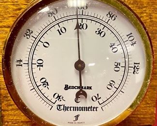 Lot 5060. $32.00. Benchmark Clock Co. Weather Instruments on Wood.  Made in France.  Barometer, Thermometer and Hygrometer. 12"  L x 5" W  x  2" D.  Quantity Available 2.