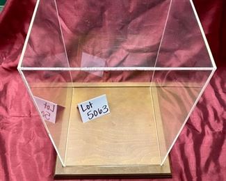 Lot 5063.  $55.00. Acrylic Display w/ solid wood base.  Acrylic Box: 12" W x 12" L  x 18" H.  Base: 14.5" sq (this is big enough to fit the Lladro Elephant earlier, display a doll, a model ship, art) Retail prices $100-$148