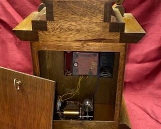 Lot 5064. $42.00. Reuge Wood Musical Alarm Clock w/Swiss musical movement Plays Mozart "Menuet - Boccherini". 15" H  x  8.5" W  x  5" D