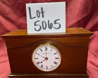 Lot 5065. $48.00 Hamilton Clock in wood box with battery. Flip top for storage. 9"W  x  4.5" D  x 5" H