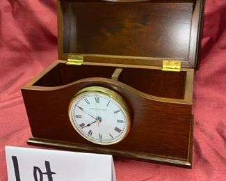 Lot 5065. $48.00 Hamilton Clock in wood box with battery. Flip top for storage. 9"W  x  4.5" D  x 5" H
