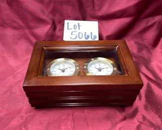 Lot 5066.  $30.00.  Linden Dual Time Zone Quartz Clock in glass/wood box. Clocks tilt up for easy viewing.  9.25" x 5.75" x 3.75" tall