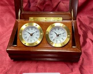 Lot 5066.  $30.00.  Linden Dual Time Zone Quartz Clock in glass/wood box. Clocks tilt up for easy viewing.  9.25" x 5.75" x 3.75" tall