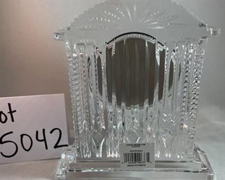 Lot 5042. $50.00  Waterford Crystal Westminster Mantle Clock, lead crystal, heavy. New vintage with box and dust cover. 6.5" w x 7"h x 1.75"d