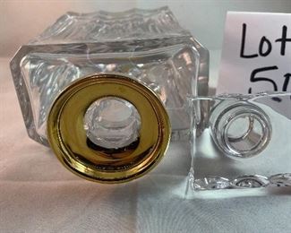 Lot 5049. $190.00 Beautiful Ralph Lauren Crystal Edward Gold Decanter (9" H  x 4.75" W  x  2.5" D) this decanter alone sold on ebay for $249 in December. Also included are these 2 Waterford glasses- one Waterford Marquis Wine Glass (9.24" H), and one Waterford Coupe/Sherbet Glass (possibly Kildare pattern), (5.25" W x 3.75" diameter). No boxes.