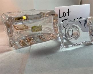 Lot 5049. $190.00 Beautiful Ralph Lauren Crystal Edward Gold Decanter (9" H  x 4.75" W  x  2.5" D) this decanter alone sold on ebay for $249 in December. Also included are these 2 Waterford glasses- one Waterford Marquis Wine Glass (9.24" H), and one Waterford Coupe/Sherbet Glass (possibly Kildare pattern), (5.25" W x 3.75" diameter). No boxes.