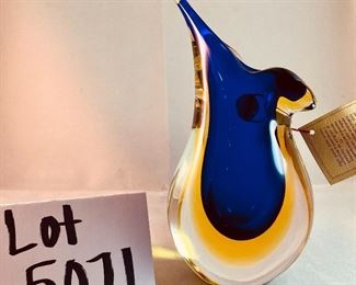 Lot 5071. $80.00.  Vintage Art Deco Hand-Made Art Glass Vase, done in Italy by a Murano Artisan.   Sommerso Art Glass in the style of Flavio Poli. 7.5 H x 4" W  x 2.5" D. Interesting Cobalt, clear, and yellow piece.   We have only 1 Left. 