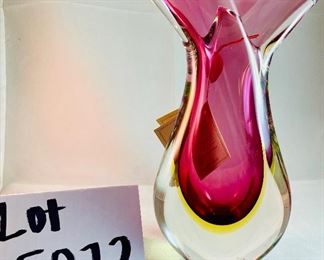 Lot 5072.  $95.00. Vintage Art Deco Hand Made in Italy by Murano Artisan. Flavio Poli Style, pink and clear glass vase with a fish-tail-like top. 7.75h x 4"w x 2.25"d. We only have one of these! 