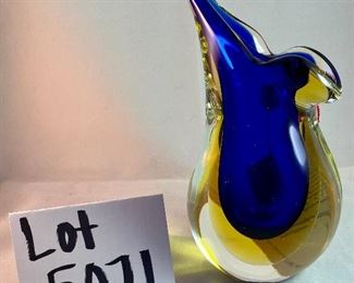 Lot 5071. $80.00.  Vintage Art Deco Hand-Made Art Glass Vase, done in Italy by a Murano Artisan.   Sommerso Art Glass in the style of Flavio Poli. 7.5 H x 4" W  x 2.5" D. Interesting Cobalt, clear, and yellow piece.   We have only 1 Left. 