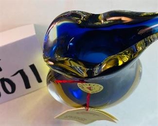 Lot 5071. $80.00.  Vintage Art Deco Hand-Made Art Glass Vase, done in Italy by a Murano Artisan.   Sommerso Art Glass in the style of Flavio Poli. 7.5 H x 4" W  x 2.5" D. Interesting Cobalt, clear, and yellow piece.   We have only 1 Left. 