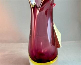 Lot 5072.  $95.00. Vintage Art Deco Hand Made in Italy by Murano Artisan.Flavio Poli Style, pink and clear glass vase with a fish-tail-like top. 7.75h x 4"w x 2.25"d. We only have one of these! 