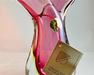 Lot 5072.  $95.00. Vintage Art Deco Hand Made in Italy by Murano Artisan.Flavio Poli Style, pink and clear glass vase with a fish-tail-like top. 7.75h x 4"w x 2.25"d. We only have one of these! 