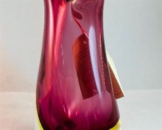 Lot 5072.  $95.00. Vintage Art Deco Hand Made in Italy by Murano Artisan. Flavio Poli Style, pink and clear glass vase with a fish-tail-like top. 7.75h x 4"w x 2.25"d. We only have one of these! 