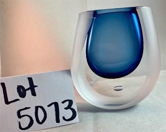 Lot 5073.  $25.00. Art Glass vase, blue to clear with frosted edges. modern shape. Art Vase. 5.5"h x 2.25"x 5"w (we have 2 of these left, the price is for each vase)