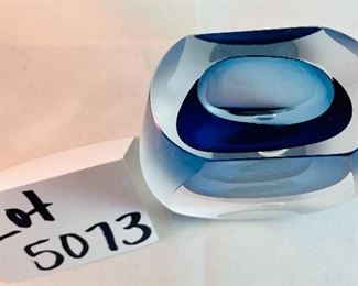 Lot 5073.  $25.00. Art Glass vase, blue to clear with frosted edges. modern shape. Art Vase. 5.5"h x 2.25"x 5"w (we have 2 of these left, the price is for each vase)