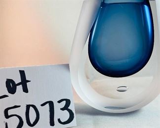 Lot 5073.  $25.00. Art Glass vase, blue to clear with frosted edges. modern shape. Art Vase. 5.5"h x 2.25"x 5"w (we have 2 of these left, the price is for each vase)