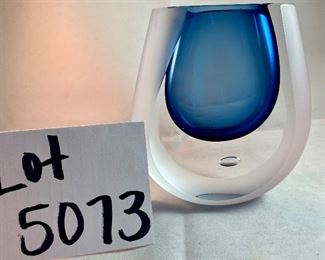 Lot 5073.  $25.00. Art Glass vase, blue to clear with frosted edges. modern shape. Art Vase. 5.5"h x 2.25"x 5"w (we have 2 of these left, the price is for each vase)