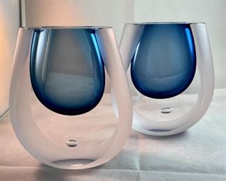 Lot 5073.  $25.00. Art Glass vase, blue to clear with frosted edges. modern shape. Art Vase. 5.5"h x 2.25"x 5"w (we have 2 of these left, the price is for each vase)