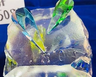 Lot 5081  $55.00    Paul Harrie  Small Citrine Bud Vase Art Glass.  Glass Brick with Pyramid Block. Vase: 3" H  x 3" W  Block: 4.5" H  x 4.5" W  Only one set of these available.