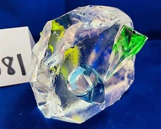 Lot 5081  $55.00    Paul Harrie  Small Citrine Bud Vase Art Glass.  Glass Brick with Pyramid Block. Vase: 3" H  x 3" W  Block: 4.5" H  x 4.5" W  Only one set of these available.