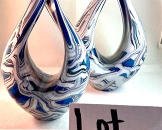 Lot 5074.  $50.00. Contemporary Modernist Art Glass Blue and White Marbled Pair (we have 2 pairs, price is for each pair). Signed Eickholt 2002. Large: 9.5"h x 6"w x 3"deep
Small: 8"h x 5"w x 3"d.