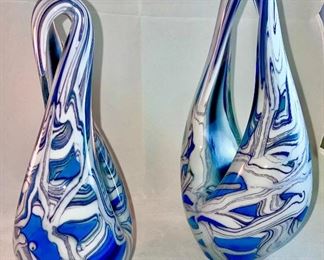 Lot 5074.  $50.00. Contemporary Modernist Art Glass Blue and White Marbled Pair (we have 2 pairs, price is for each pair). Signed Eickholt 2002. Large: 9.5"h x 6"w x 3"deep
