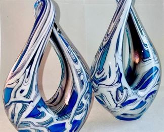 Lot 5074. $50.00.  Contemporary Modernist Art Glass Blue and White Marbled Pair.  Signed Eickholt 2002. Available Quantity 2 Pairs. Large: 9.5 " H x 6" W x 3" D
Small: 8"H x 5"W x 3" D  