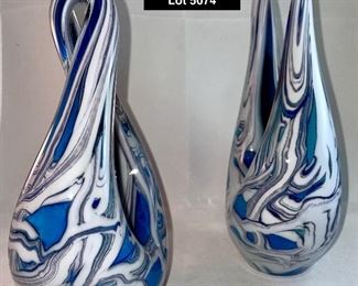 Lot 5074.  $50.00. Contemporary Modernist Art Glass Blue and White Marbled Pair (we have 2 pairs, price is for each pair). Signed Eickholt 2002. Large: 9.5"h x 6"w x 3"deep
