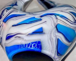 Lot 5074. $50.00.  Contemporary Modernist Art Glass Blue and White Marbled Pair.  Signed Eickholt 2002. Available Quantity 2 Pairs. Large: 9.5 " H x 6" W x 3" D
Small: 8"H x 5"W x 3" D  