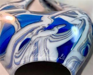 Lot 5074.  $50.00. Contemporary Modernist Art Glass Blue and White Marbled Pair (we have 2 pairs, price is for each pair). Signed Eickholt 2002. Large: 9.5"h x 6"w x 3"deep
