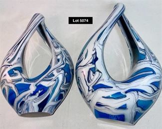 Lot 5074.  $50.00. Contemporary Modernist Art Glass Blue and White Marbled Pair (we have 2 pairs, price is for each pair). Signed Eickholt 2002. Large: 9.5"h x 6"w x 3"deep
