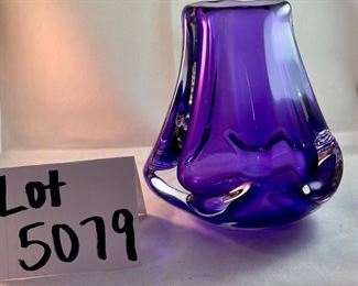 Lot 5079. $110.00   Another Beautiful Paul Harrie Art Glass Vase. "Athena" in Purple.. Small  6" H  x  3" W opening x 7" D.  Paul Harrie had his own studio in Southern California since 1980 and he passed in 2016.  His work is acclaimed worldwide,  We have only 1 of these available,   
