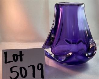 Lot 5079. $110.00   Another Beautiful Paul Harrie Art Glass Vase. "Athena" in Purple.. Small  6" H  x  3" W opening x 7" D.  Paul Harrie had his own studio in Southern California since 1980 and he passed in 2016.  His work is acclaimed worldwide,  We have only 1 of these available,   