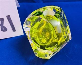 Lot 5081  $55.00    Paul Harrie  Small Citrine Bud Vase Art Glass.  Glass Brick with Pyramid Block. Vase: 3" H  x 3" W  Block: 4.5" H  x 4.5" W  Only one set of these available.