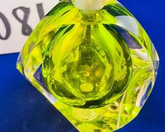 Lot 5081  $55.00    Paul Harrie  Small Citrine Bud Vase Art Glass.  Glass Brick with Pyramid Block. Vase: 3" H  x 3" W  Block: 4.5" H  x 4.5" W  Only one set of these available.