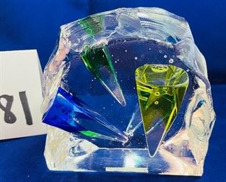 Lot 5081  $55.00    Paul Harrie  Small Citrine Bud Vase Art Glass.  Glass Brick with Pyramid Block. Vase: 3" H  x 3" W  Block: 4.5" H  x 4.5" W  Only one set of these available.