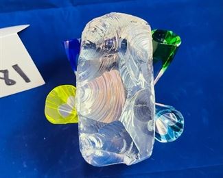 Lot 5081  $55.00    Paul Harrie  Small Citrine Bud Vase Art Glass.  Glass Brick with Pyramid Block. Vase: 3" H  x 3" W  Block: 4.5" H  x 4.5" W  Only one set of these available.