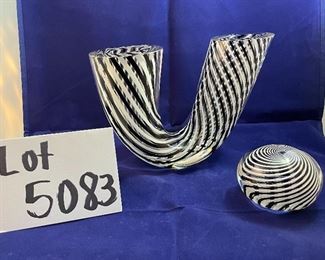 Lot 5083. $195.00 Harrie Glass Black and White pair: Large Double Vase 8"w x 5.5"h x 3"d & A Harrie Swirl Black & White Art Glass Paperweight also by Harrie. 3"dia x 2"t (the paperweight sold for $175 in September!)