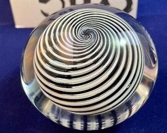 Lot 5083. $195.00 Harrie Glass Black and White pair: Large Double Vase 8"w x 5.5"h x 3"d & A Harrie Swirl Black & White Art Glass Paperweight also by Harrie. 3"dia x 2"t (the paperweight sold for $175 in September!)