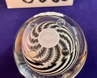 Lot 5083. $195.00 Harrie Glass Black and White pair: Large Double Vase 8"w x 5.5"h x 3"d & A Harrie Swirl Black & White Art Glass Paperweight also by Harrie. 3"dia x 2"t (the paperweight sold for $175 in September!)