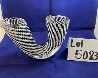 Lot 5083. $195.00 Harrie Glass Black and White pair: Large Double Vase 8"w x 5.5"h x 3"d & A Harrie Swirl Black & White Art Glass Paperweight also by Harrie. 3"dia x 2"t (the paperweight sold for $175 in September!)