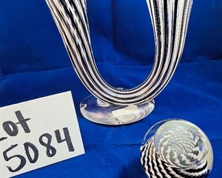 Lot 5084. $185.00 Harrie Art Glass Black and White Double Vase on glass base also  paired with a Black and White swirl paperweight with a round window. 3" H x 3"w.