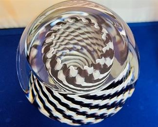 Lot 5084. $185.00 Harrie Art Glass Black and White Double Vase on glass base also  paired with a Black and White swirl paperweight with a round window. 3" H x 3"w.