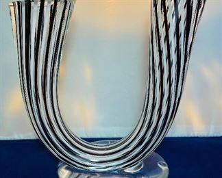 Lot 5084. $185.00 Harrie Art Glass Black and White Double Vase on glass base also  paired with a Black and White swirl paperweight with a round window. 3" H x 3"w.
