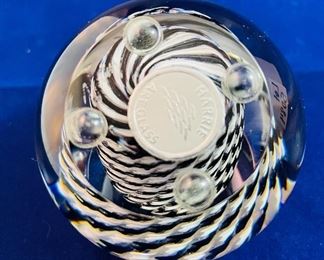 Lot 5084. $185.00 Harrie Art Glass Black and White Double Vase on glass base also  paired with a Black and White swirl paperweight with a round window. 3" H x 3"w.