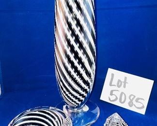 Lot 5085. $210.00  3 pc Lot of Paul Harrie Art Glass in Black and White Swirl Design.  Vase with pedestal base is 12" H  x 4" Round base.  The Small Bowl  is 2.5" H  x 4" Round w/ octagonal faceted sides, and  the Paperweight is 2.5" H x 2" W.  Absolutely stunning lot.  